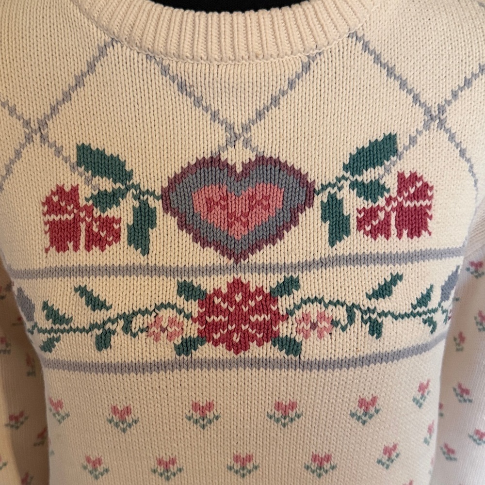 Vintage 90s Eddie Bauer Floral Cottagecore Cotton Sweater Medium Excellent shape - Picture 3 of 6